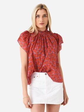 Trovata Carla Highneck Shirt Blouse Size Small Poinsettia Red Pink Floral Print